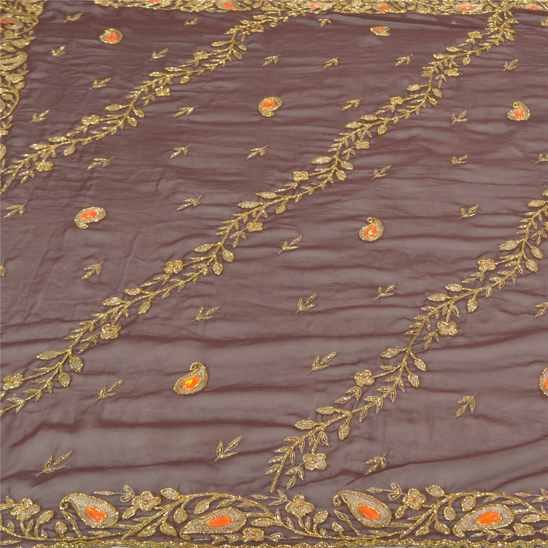 Sanskriti Vintage Heavy Dupatta 100% Ren Chiffon Silke Brun Håndperlet Stola