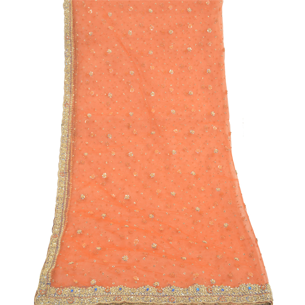 Sanskriti Vintage Heavy Dupatta Net Mesh Orange Hand Beaded Zardozi Work Stole