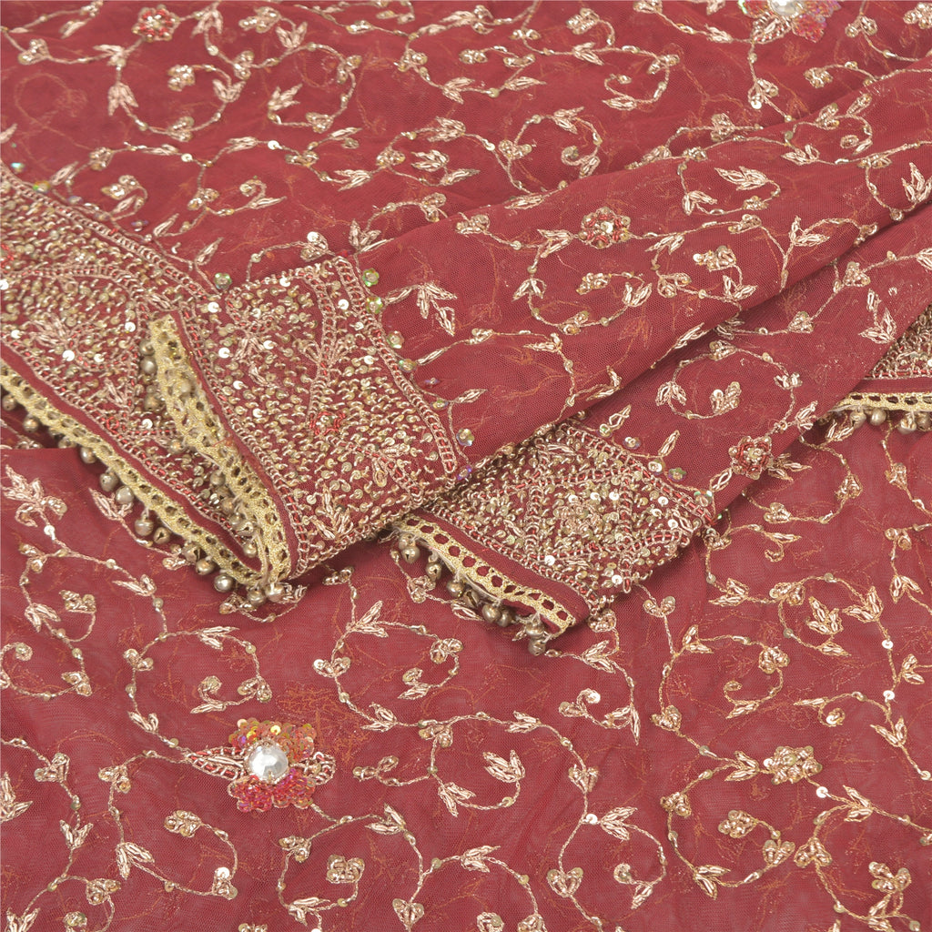 Sanskriti Vintage Dupatta Net Mesh Dark Red Hand Beaded Zardozi Wrap Stole Used Neckscarf Long Headscarf Handmade Ethnic Wrap For Women