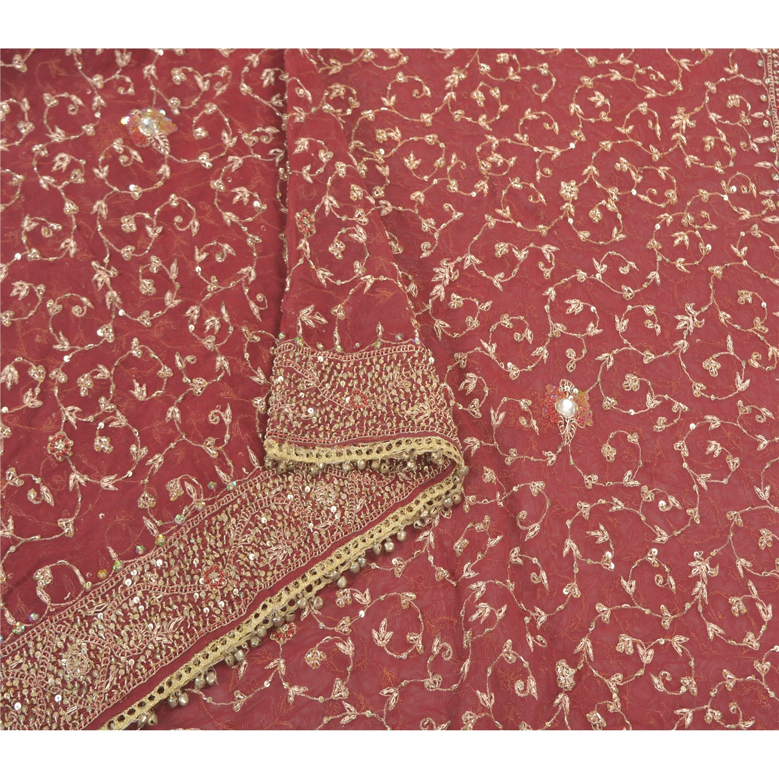 Sanskriti Vintage Dupatta Net Mesh Dark Red Hand Beaded Zardozi Wrap Stole Used Neckscarf Long Headscarf Handmade Ethnic Wrap For Women