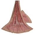 Sanskriti Vintage Dupatta Net Mesh Dark Red Hand Beaded Zardozi Wrap Stole Used Neckscarf Long Headscarf Handmade Ethnic Wrap For Women