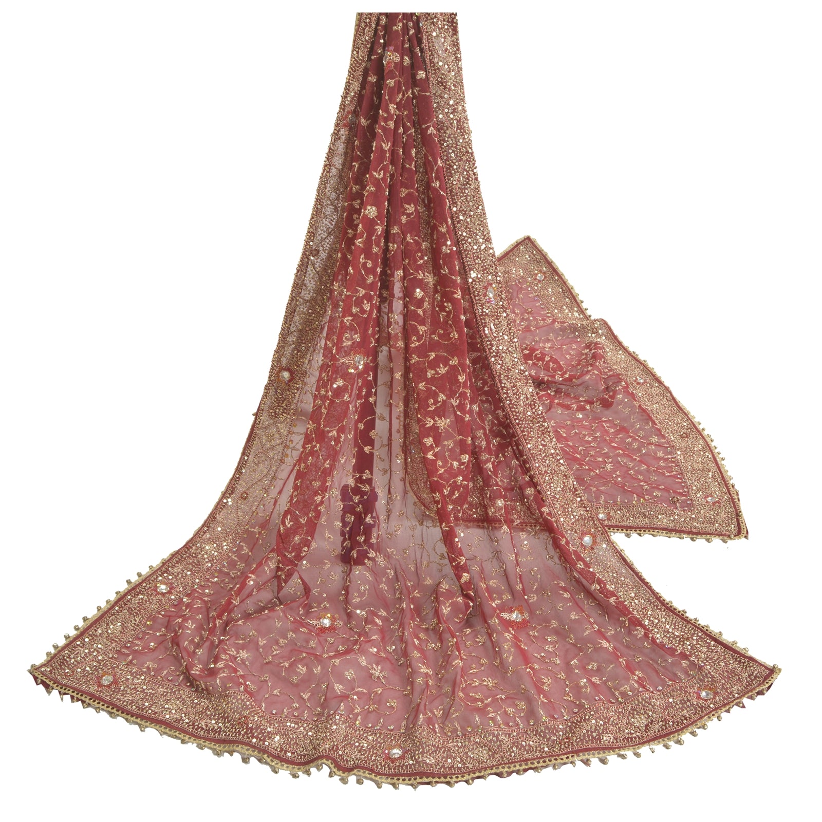 Sanskriti Vintage Dupatta Net Mesh Dark Red Hand Beaded Zardozi Wrap Stole Used Neckscarf Long Headscarf Handmade Ethnic Wrap For Women