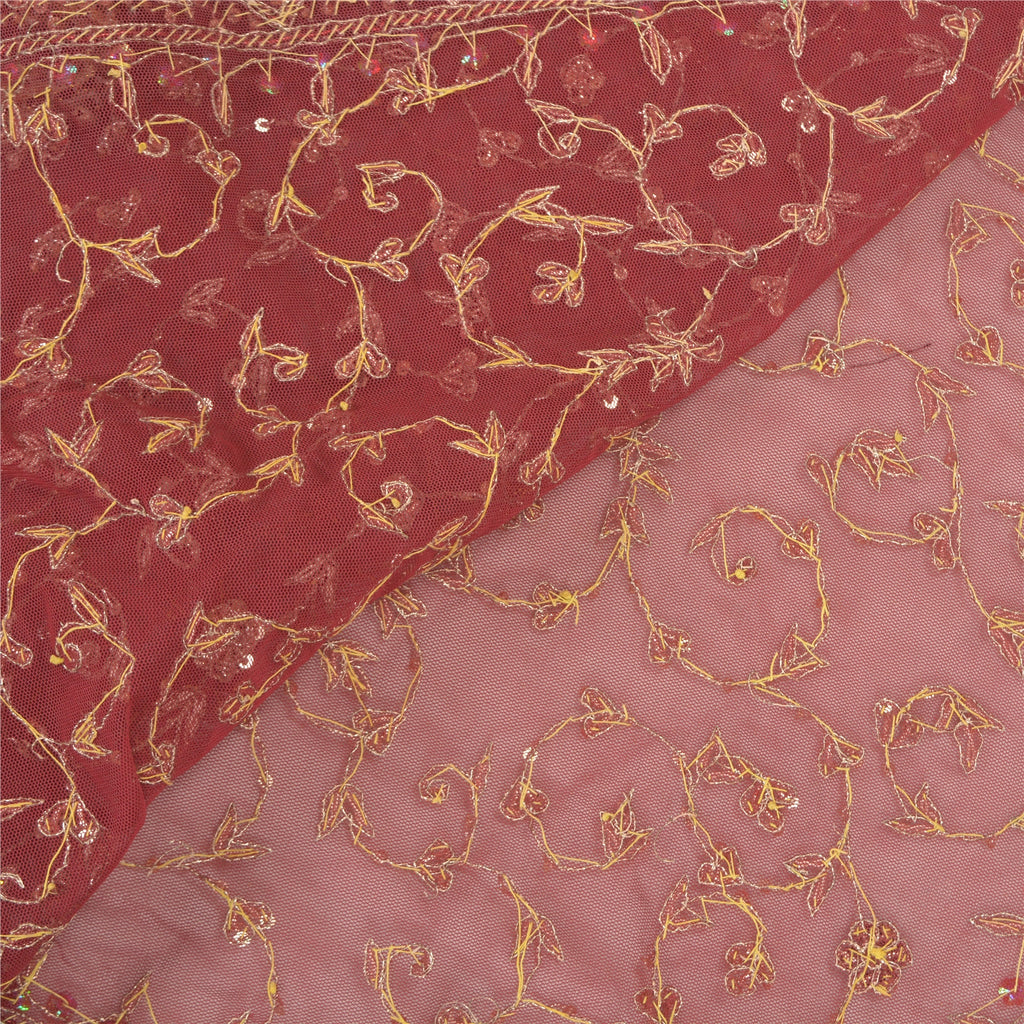Sanskriti Vintage Dupatta Net Mesh Dark Red Hand Beaded Zardozi Wrap Stole Used Neckscarf Long Headscarf Handmade Ethnic Wrap For Women