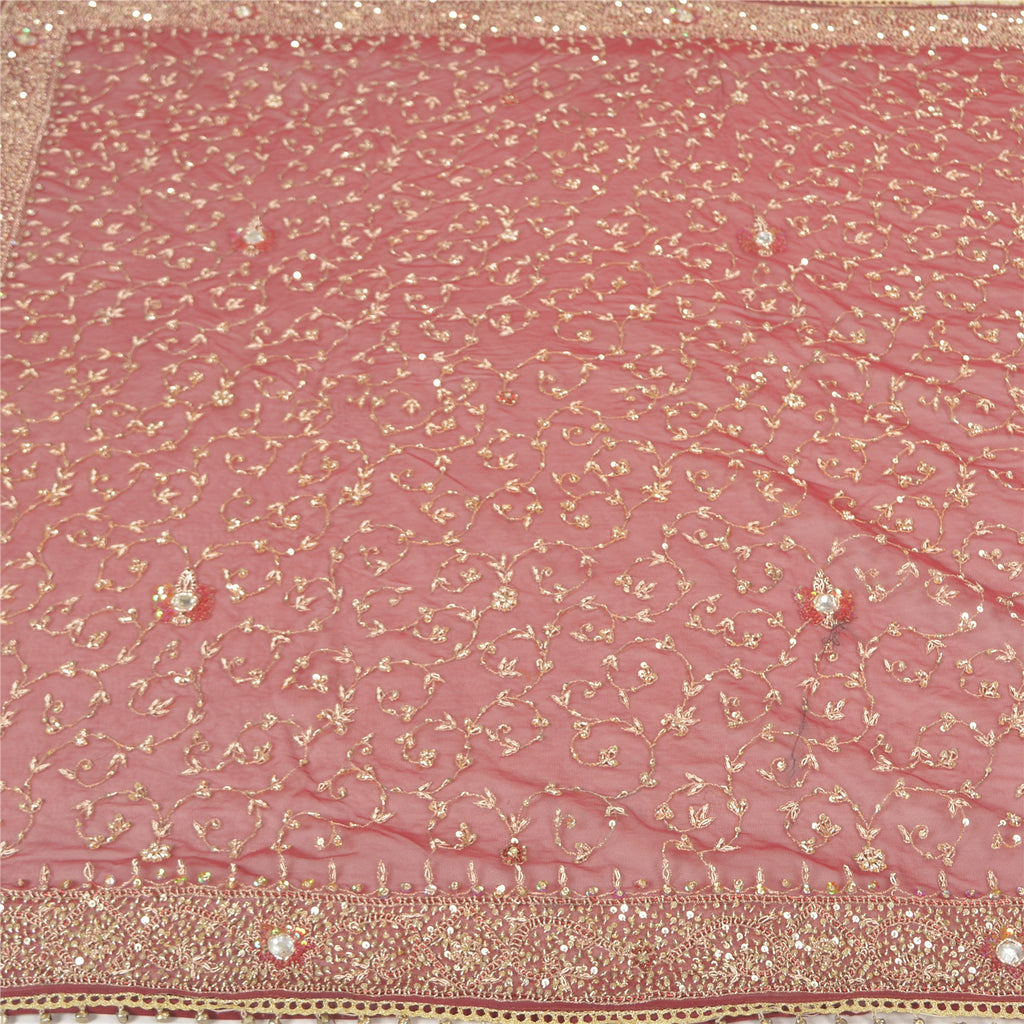 Sanskriti Vintage Dupatta Net Mesh Dark Red Hand Beaded Zardozi Wrap Stole Used Neckscarf Long Headscarf Handmade Ethnic Wrap For Women