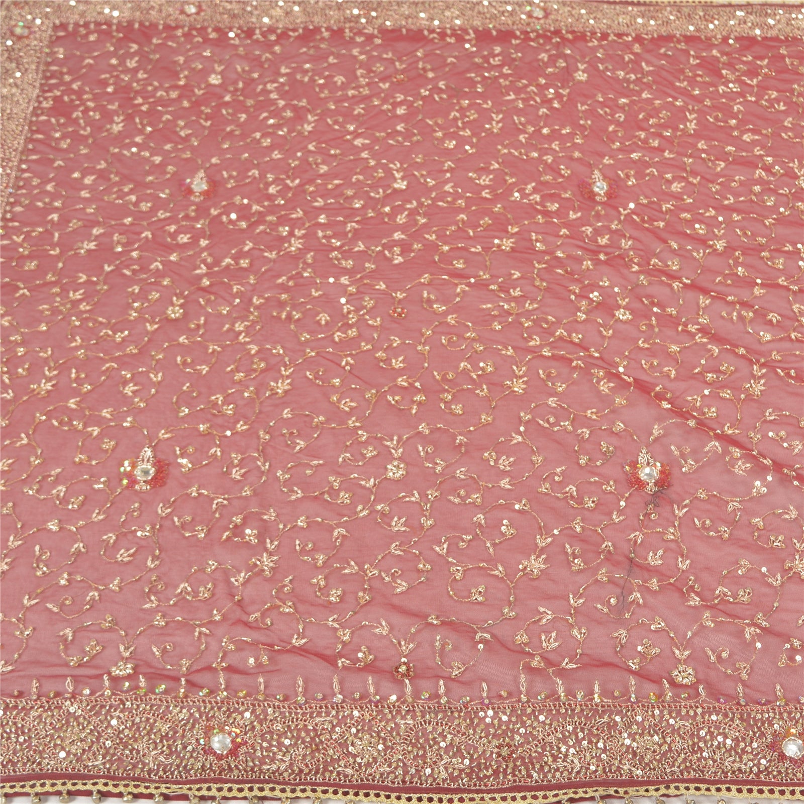 Sanskriti Vintage Dupatta Net Mesh Dark Red Hand Beaded Zardozi Wrap Stole Used Neckscarf Long Headscarf Handmade Ethnic Wrap For Women