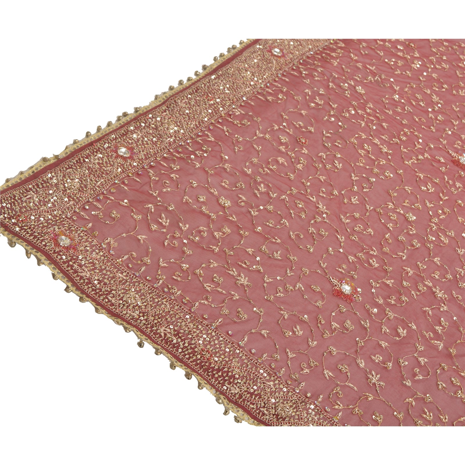 Sanskriti Vintage Dupatta Net Mesh Dark Red Hand Beaded Zardozi Wrap Stole Used Neckscarf Long Headscarf Handmade Ethnic Wrap For Women