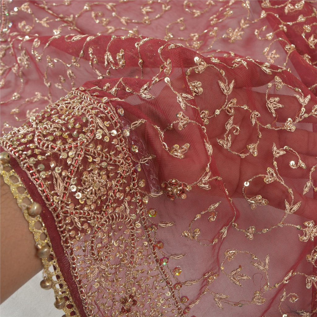 Sanskriti Vintage Dupatta Net Mesh Dark Red Hand Beaded Zardozi Wrap Stole Used Neckscarf Long Headscarf Handmade Ethnic Wrap For Women