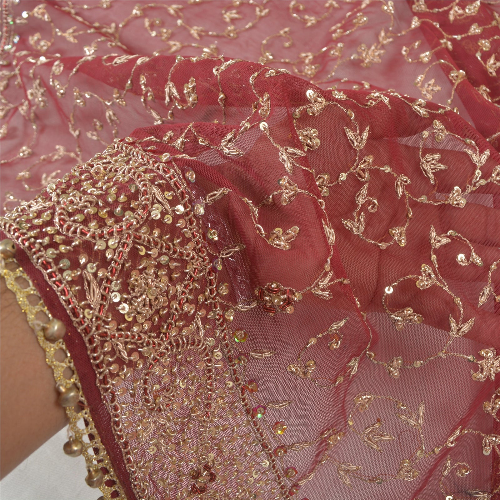 Sanskriti Vintage Dupatta Net Mesh Dark Red Hand Beaded Zardozi Wrap Stole Used Neckscarf Long Headscarf Handmade Ethnic Wrap For Women