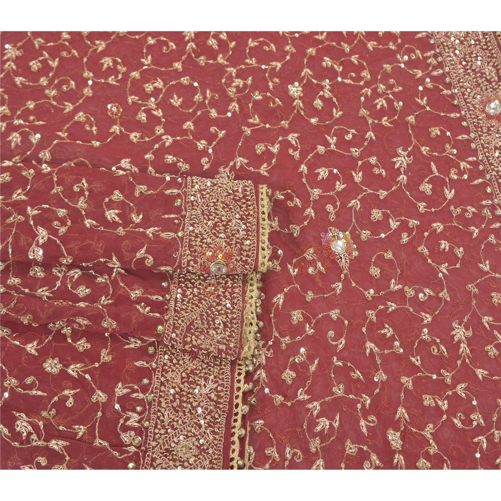 Sanskriti Vintage Dupatta Net Mesh Dark Red Hand Beaded Zardozi Wrap Stole Used Neckscarf Long Headscarf Handmade Ethnic Wrap For Women