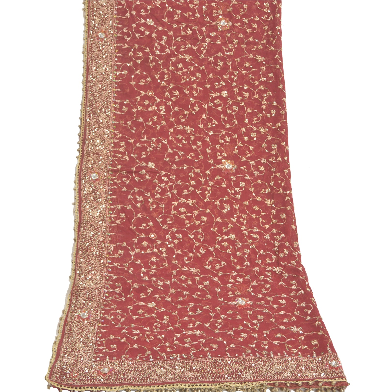 Sanskriti Vintage Dupatta Net Mesh Dark Red Hand Beaded Zardozi Wrap Stole Used Neckscarf Long Headscarf Handmade Ethnic Wrap For Women