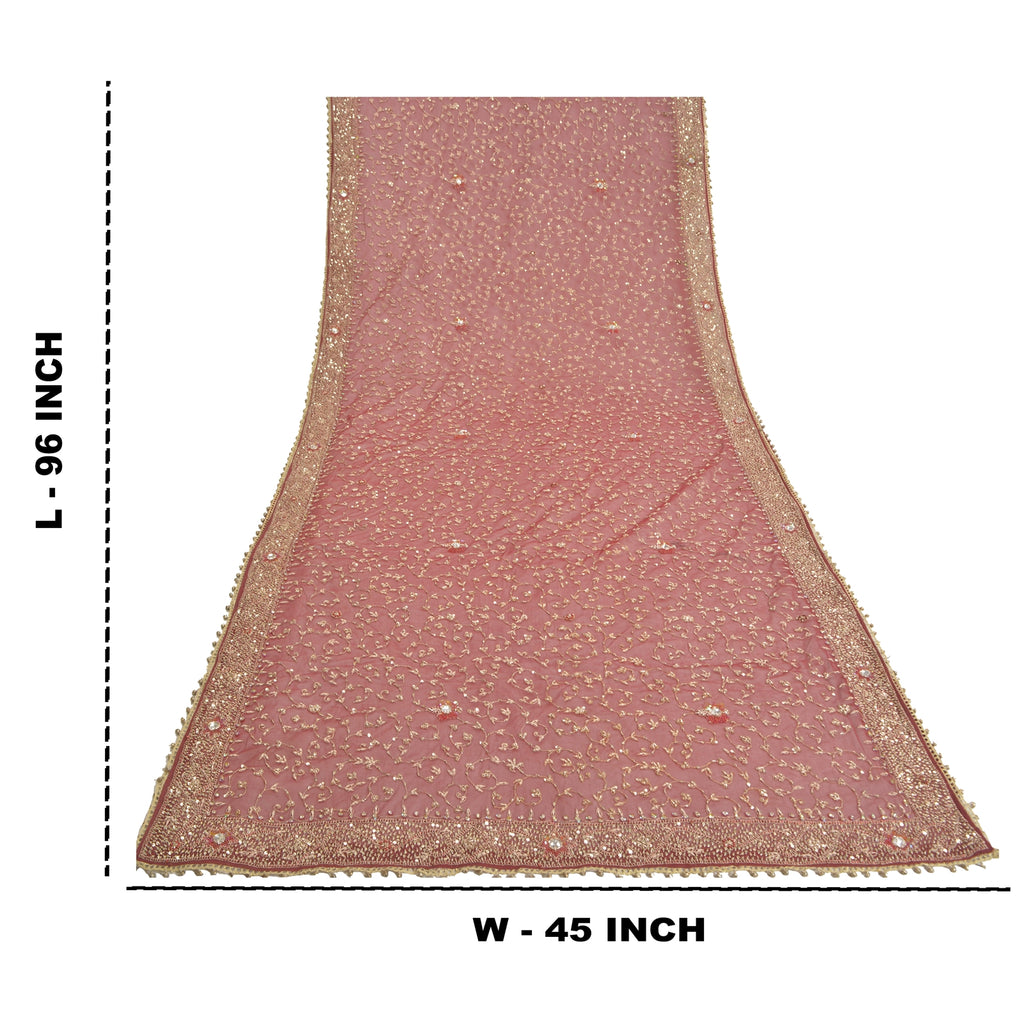 Sanskriti Vintage Dupatta Net Mesh Dark Red Hand Beaded Zardozi Wrap Stole Used Neckscarf Long Headscarf Handmade Ethnic Wrap For Women