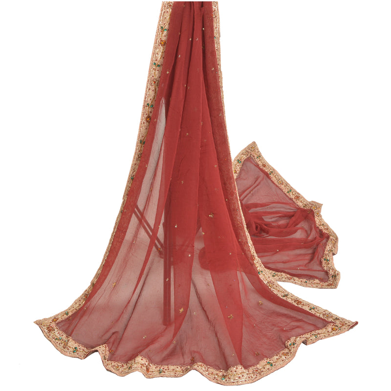 Sanskriti Vintage Dark Red Pure Georgette Silk Dupatta Hand EmbroideredZari Dabka Stole Crafting, Upcycling, Recycling, Dress Making