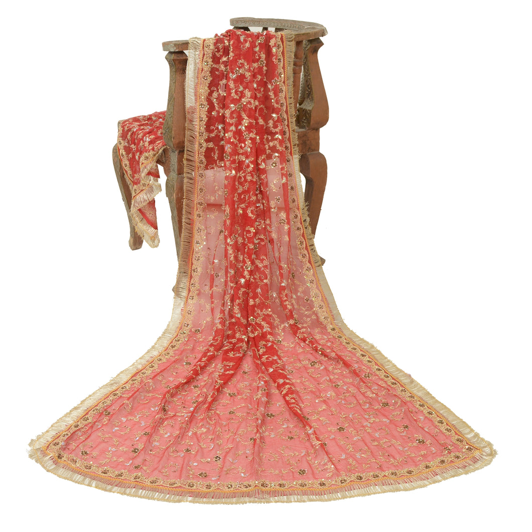 Sanskriti Vintage Red Heavy Dupatta 100% Pure Chiffon Silk Hand Beaded Stole