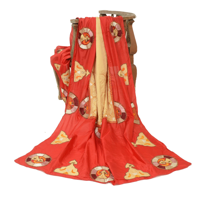 Sanskriti Vintage Red Dupatta/Stole Pure Silk Hand Beaded Wrap Party Stole Used Neckscarf Long Headscarf Handmade Ethnic Wrap For Women