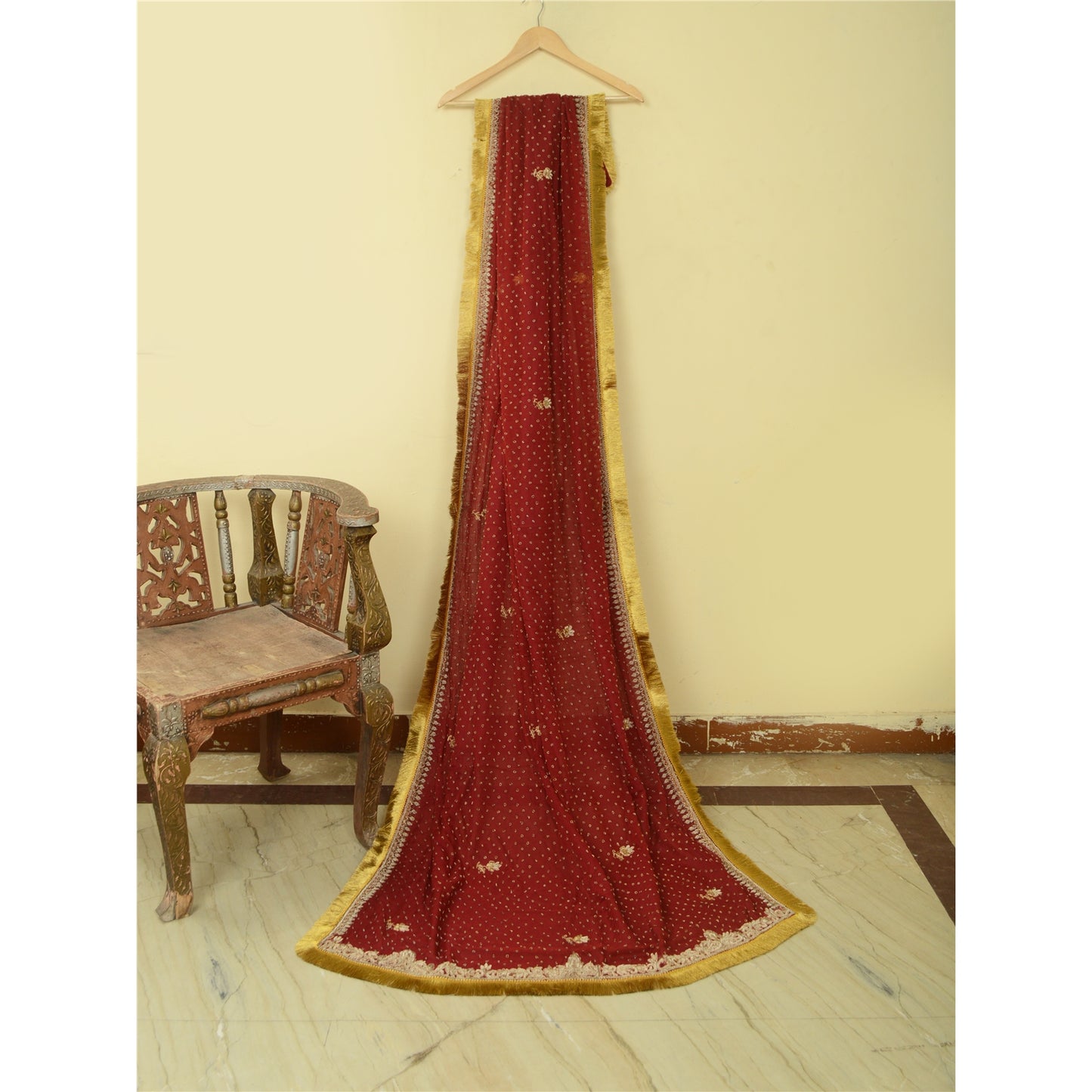 Sanskriti Vintage Dark Red Heavy Dupatta Pure Chiffon Silk Hand Embroidered Veil
