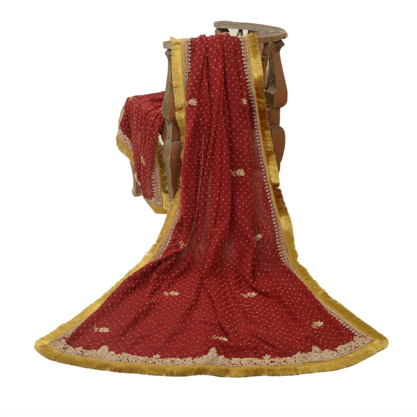 Sanskriti Vintage Dark Red Heavy Dupatta Pure Chiffon Silk Hand Embroidered Veil