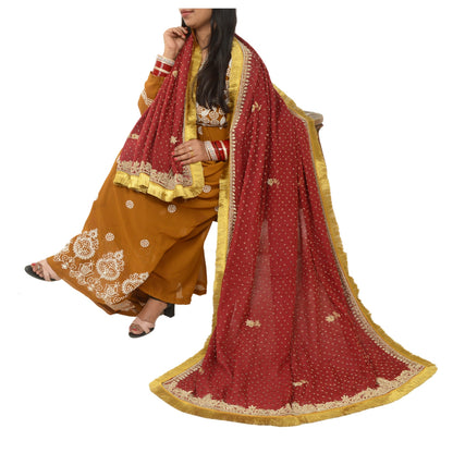 Sanskriti Vintage Dark Red Heavy Dupatta Pure Chiffon Silk Hand Embroidered Veil