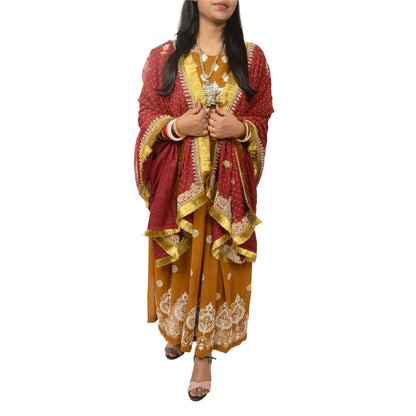 Sanskriti Vintage Dark Red Heavy Dupatta Pure Chiffon Silk Hand Embroidered Veil