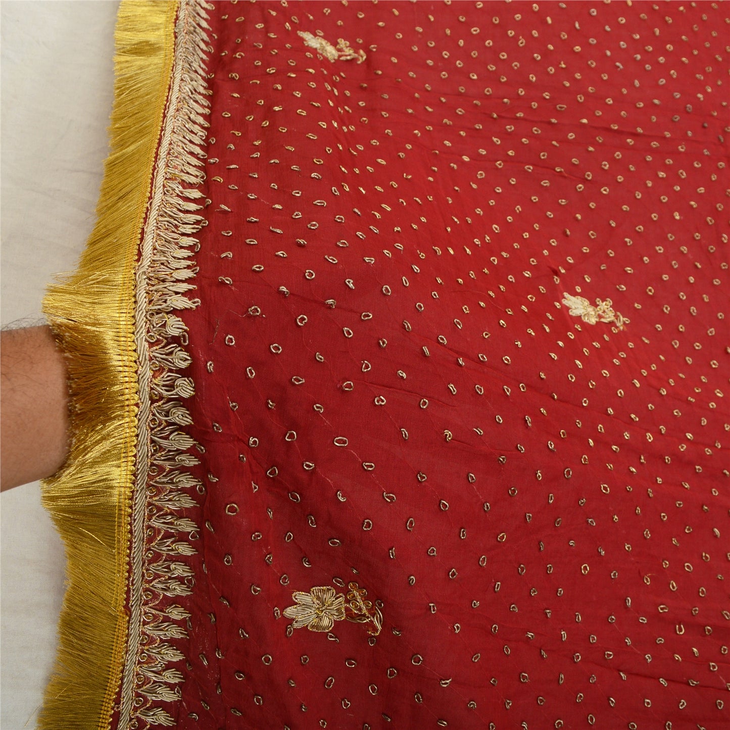 Sanskriti Vintage Dark Red Heavy Dupatta Pure Chiffon Silk Hand Embroidered Veil