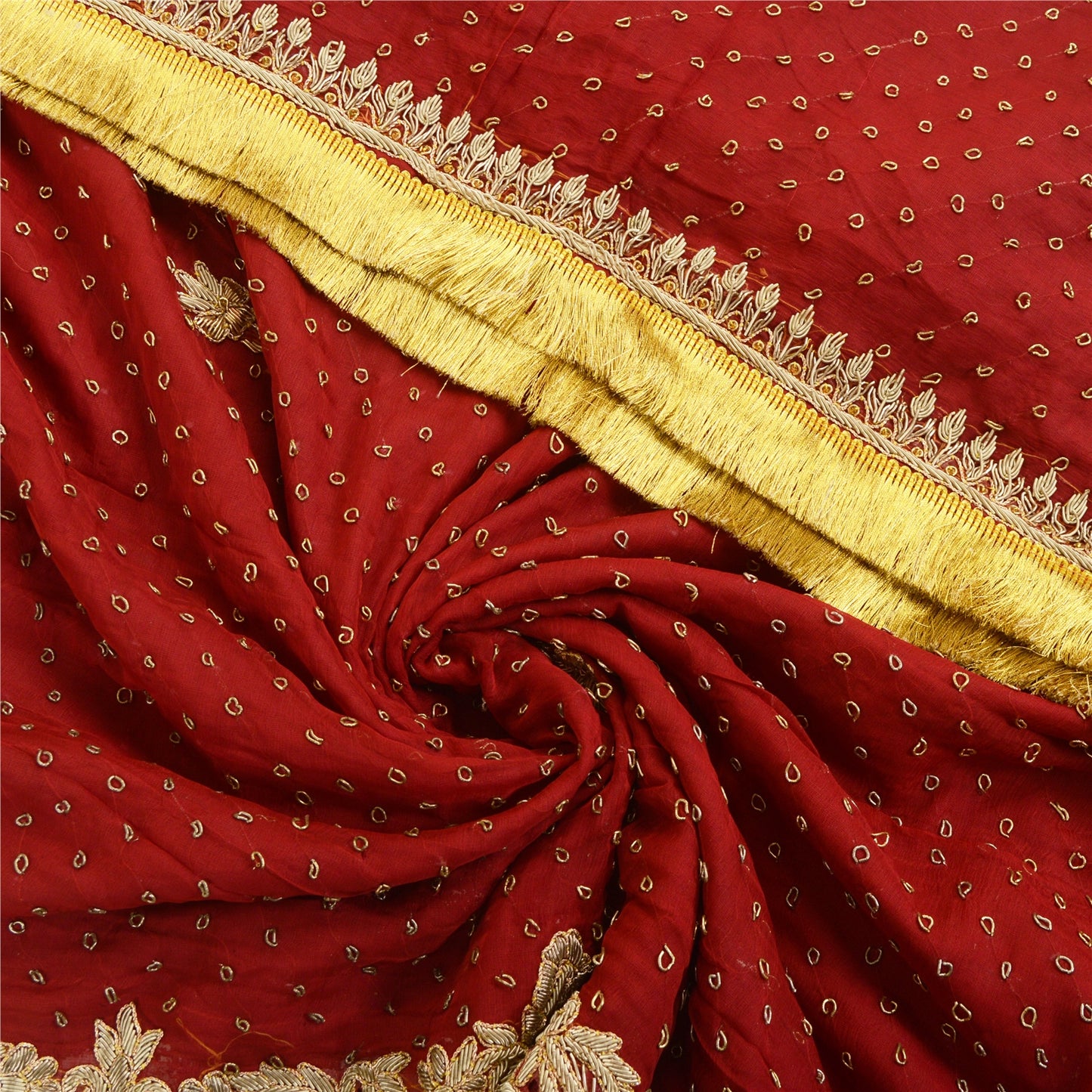 Sanskriti Vintage Dark Red Heavy Dupatta Pure Chiffon Silk Hand Embroidered Veil
