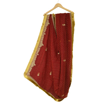 Sanskriti Vintage Dark Red Heavy Dupatta Pure Chiffon Silk Hand Embroidered Veil