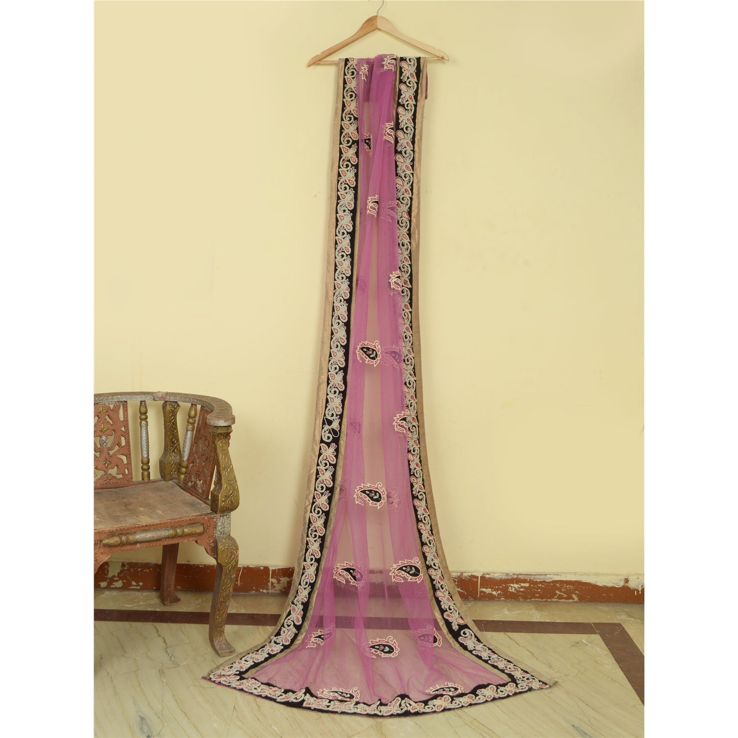 Sanskriti Vintage Dupatta Net Mesh Pink Hand Beaded Wrap Party Unique Stole
