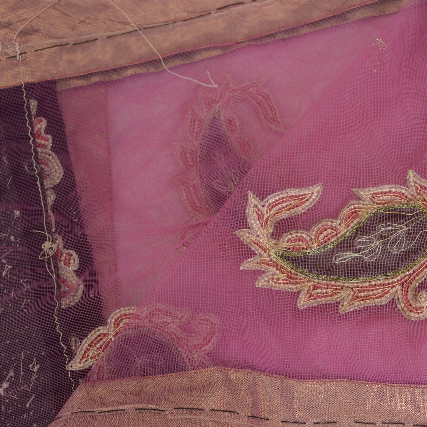 Sanskriti Vintage Dupatta Net Mesh Pink Hand Beaded Wrap Party Unique Stole