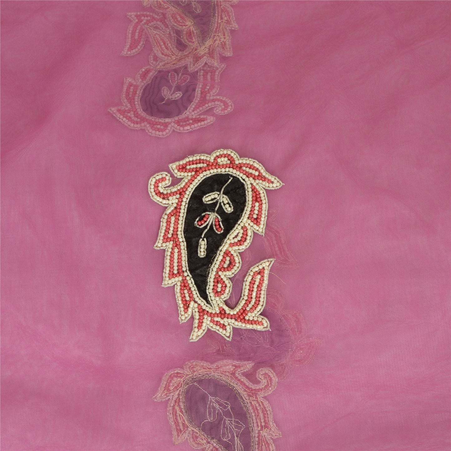Sanskriti Vintage Dupatta Net Mesh Pink Hand Beaded Wrap Party Unique Stole