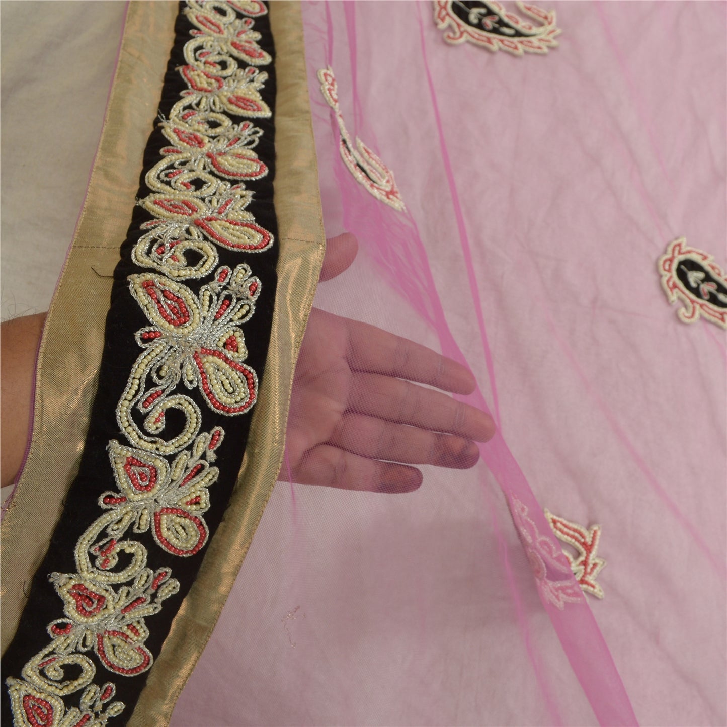 Sanskriti Vintage Dupatta Net Mesh Pink Hand Beaded Wrap Party Unique Stole