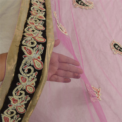 Sanskriti Vintage Dupatta Net Mesh Pink Hand Beaded Wrap Party Unique Stole