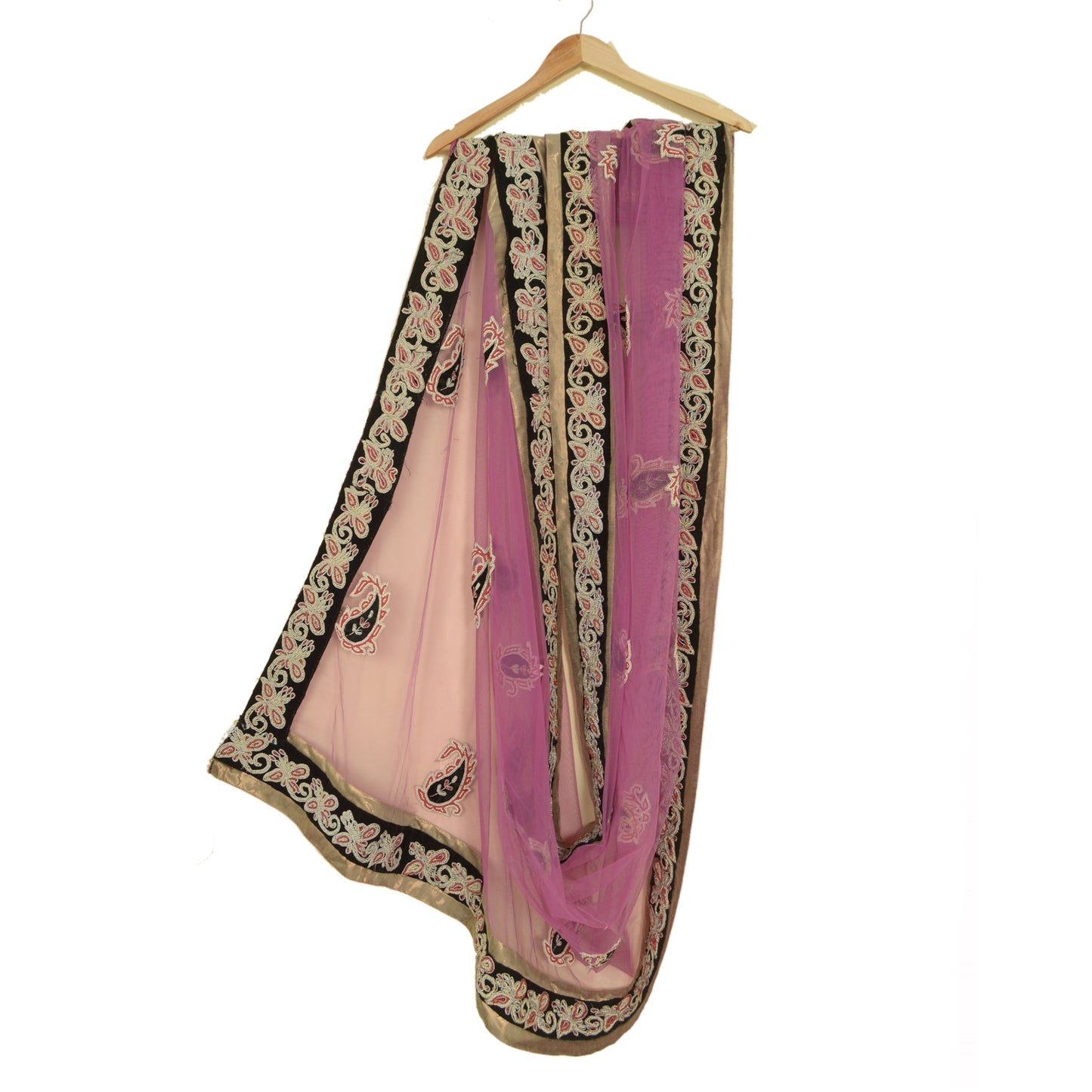 Sanskriti Vintage Dupatta Net Mesh Pink Hand Beaded Wrap Party Unique Stole