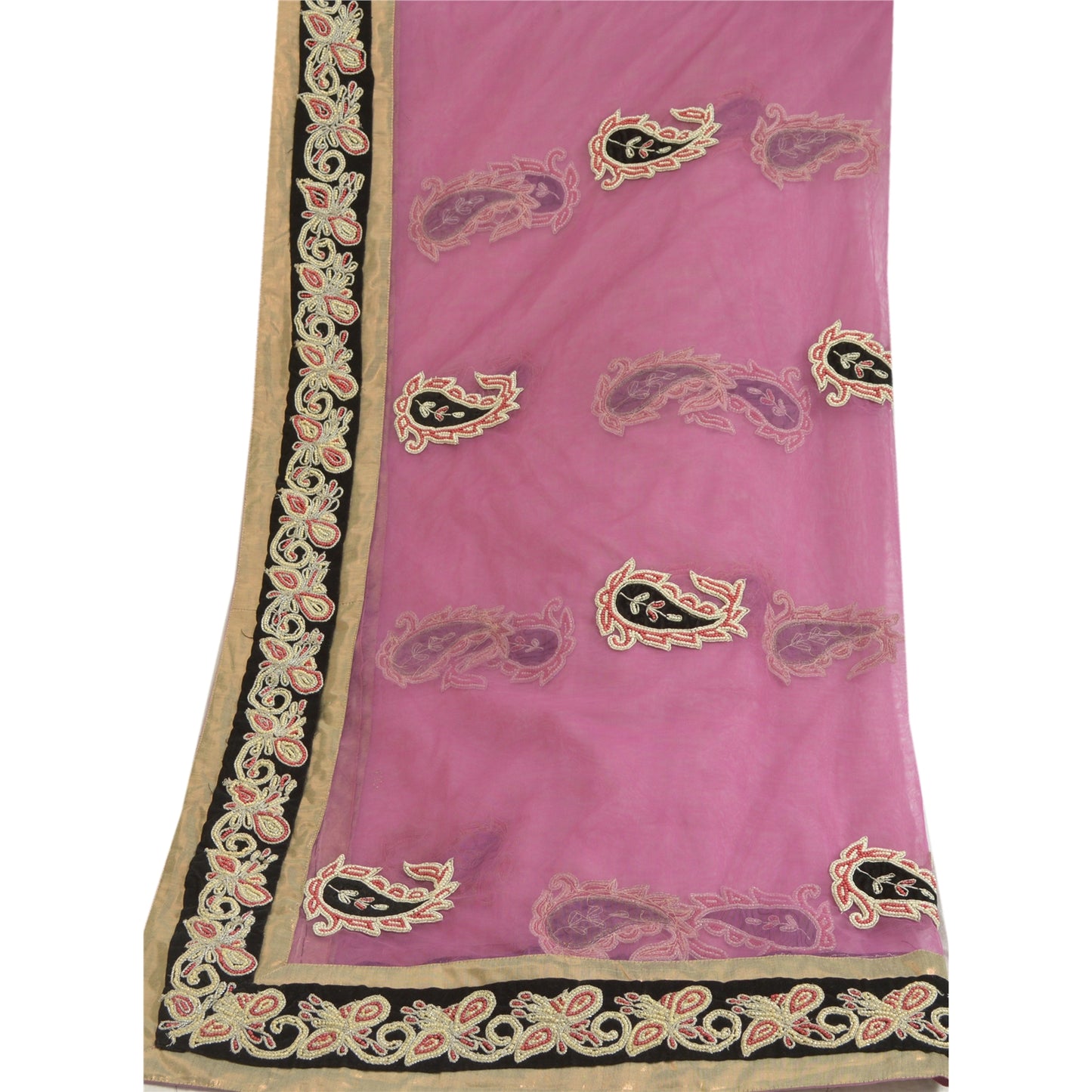 Sanskriti Vintage Dupatta Net Mesh Pink Hand Beaded Wrap Party Unique Stole