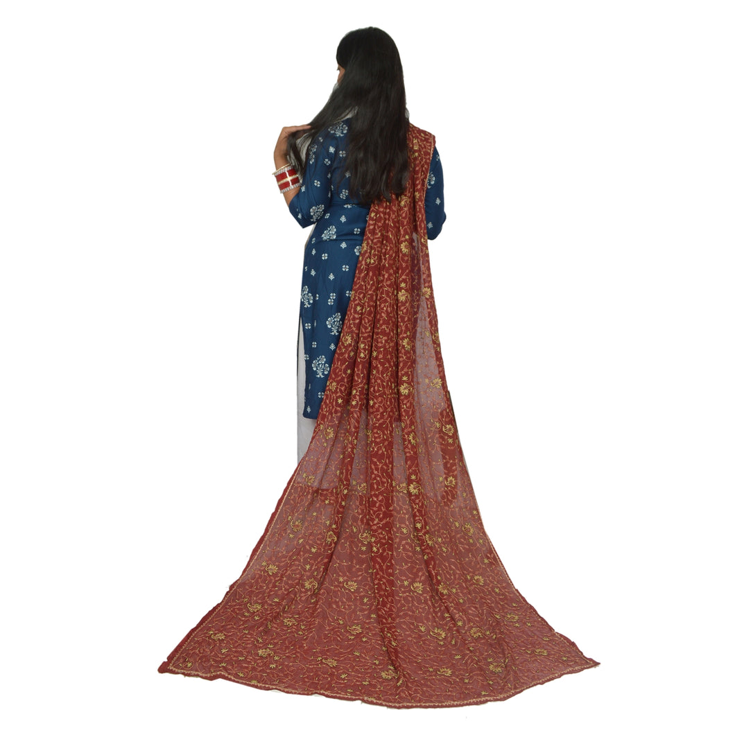Sanskriti Vintage Dark Red Long Dupatta Stole Pure Chiffon Hand Embroidered Veil