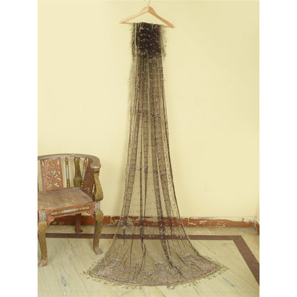 Sanskriti Vintage Black Long Dupatta Stole Net Mesh Veil Hand Beaded Scarves