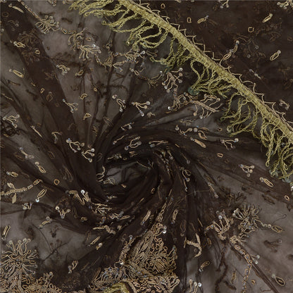 Sanskriti Vintage Black Long Dupatta Stole Net Mesh Veil Hand Beaded Scarves