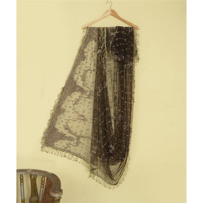 Sanskriti Vintage Black Long Dupatta Stole Net Mesh Veil Hand Beaded Scarves