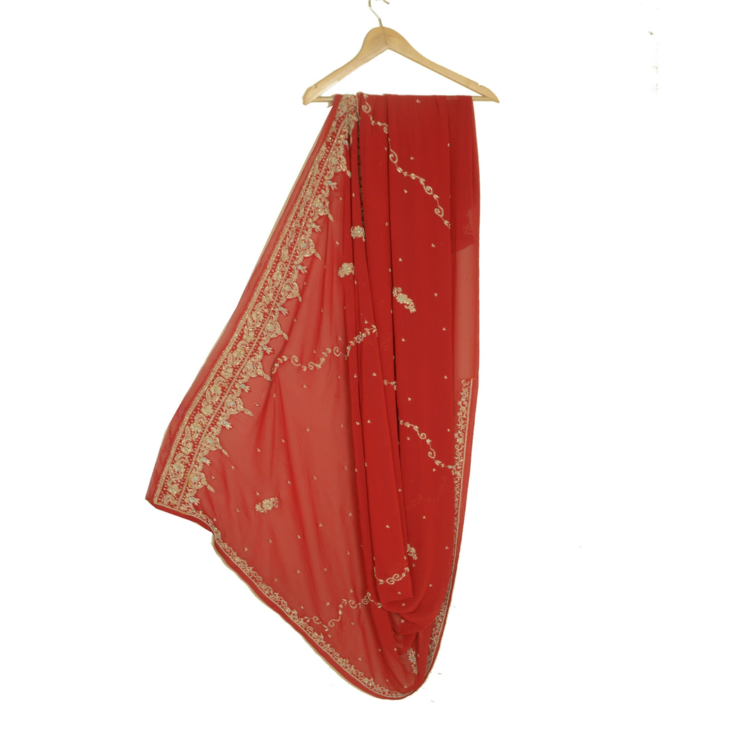 Sanskriti Vintage Long Dupatta Stole Georgette Red Hand Beaded Zardozi Scarves