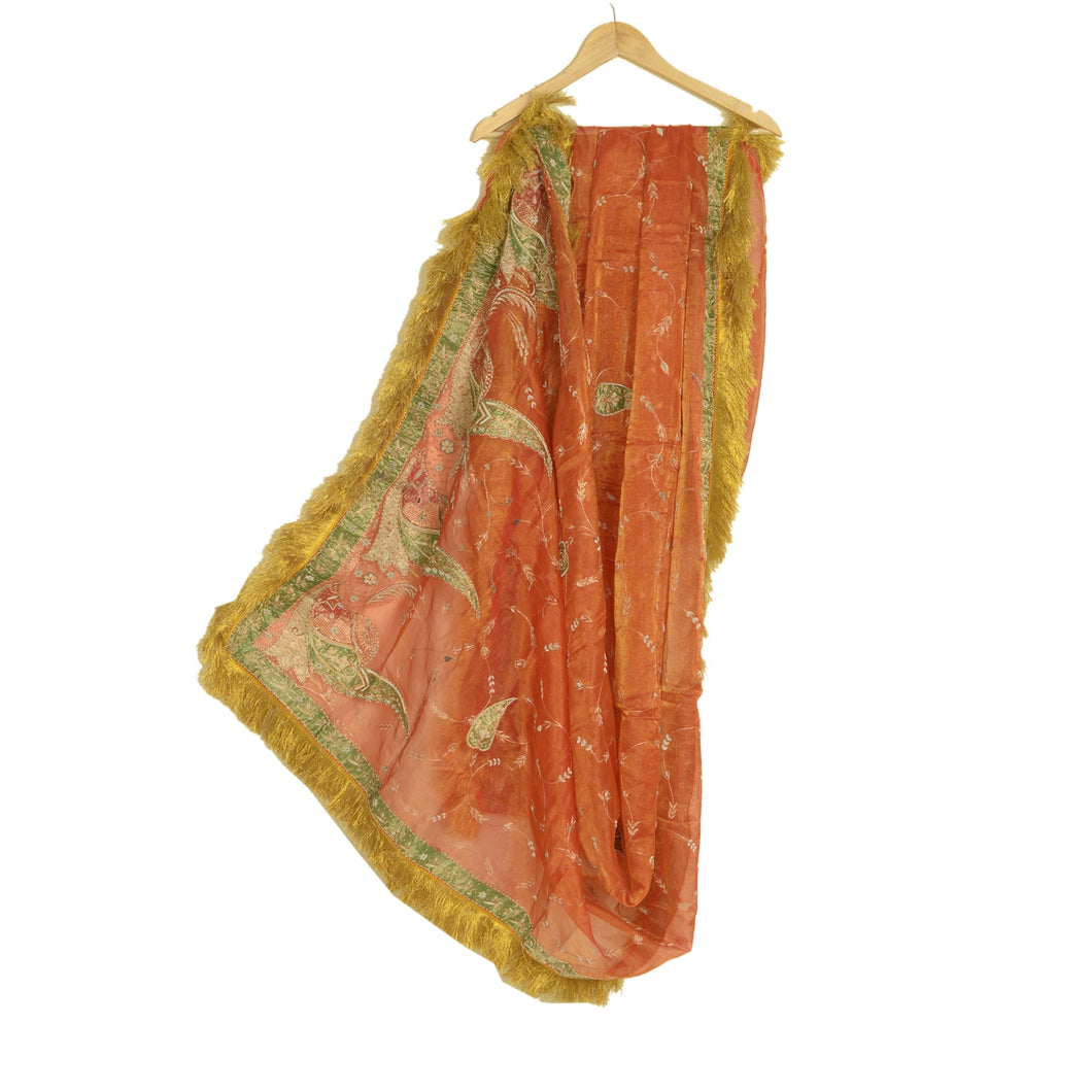 Sanskriti Vintage Wedding Dupatta Tissue Orange Hand Beaded Zardozi Stole