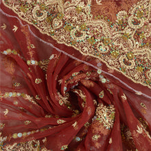 Load image into Gallery viewer, Sanskriti Vintage Dark Red Dupatta Net Mesh Hand Beaded Zardozi Wrap Stole
