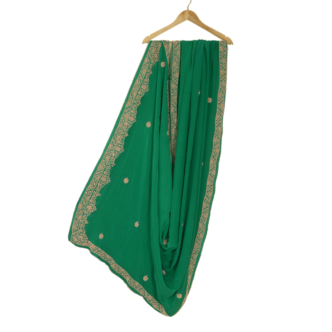 Sanskriti Vintage Long Green Dupatta/Stole Pure Crepe Silk Hand Embroidered Veil
