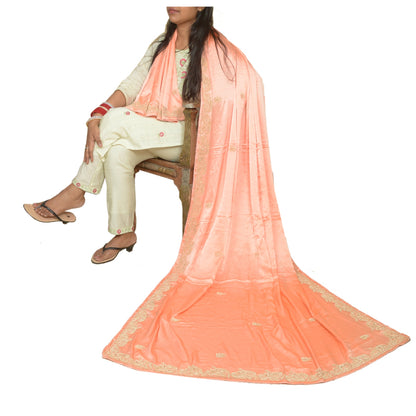 Sanskriti Vintage Peach Dupatta Pure Satin Silk Hand Embroidered Wrap Stole