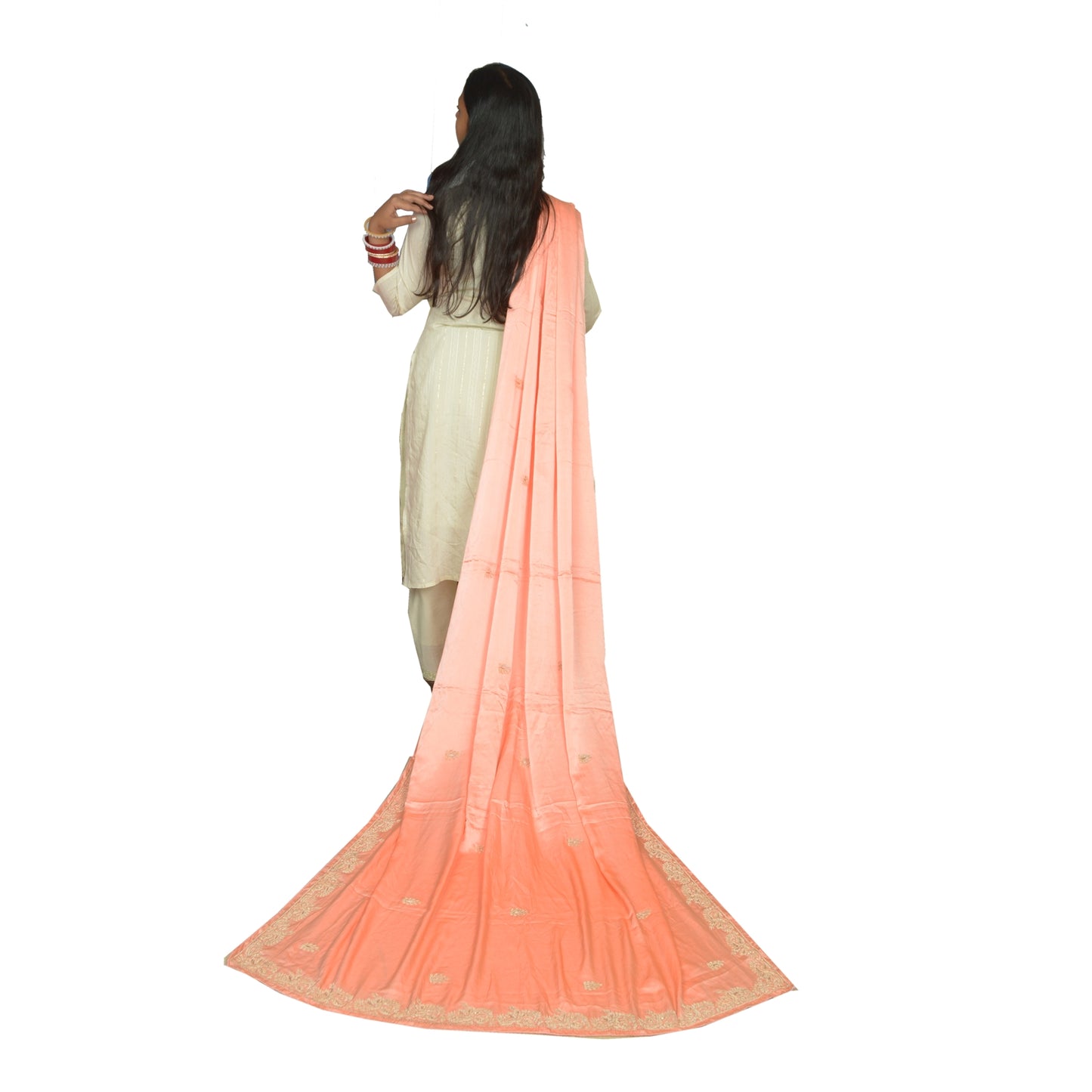 Sanskriti Vintage Peach Dupatta Pure Satin Silk Hand Embroidered Wrap Stole
