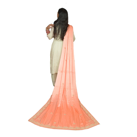 Sanskriti Vintage Peach Dupatta Pure Satin Silk Hand Embroidered Wrap Stole