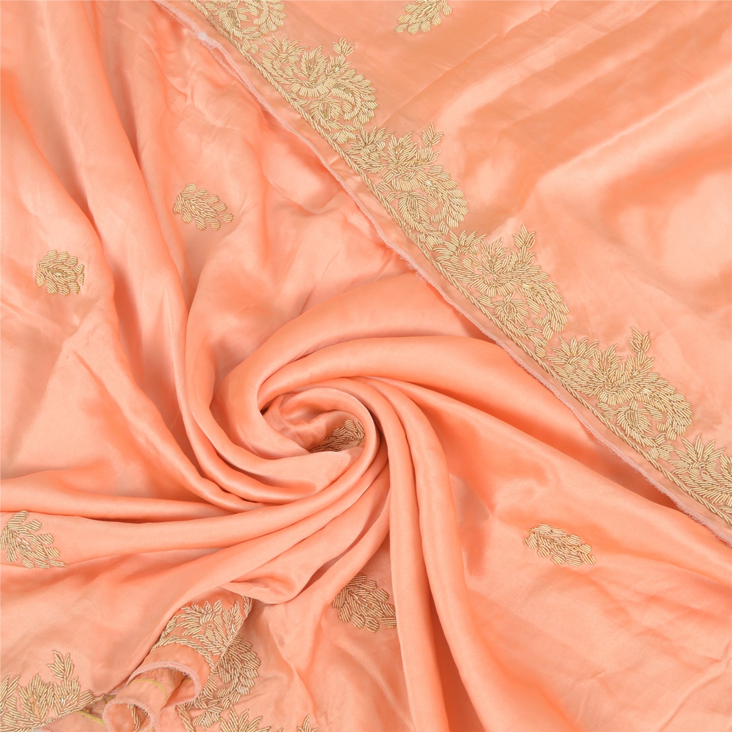 Sanskriti Vintage Peach Dupatta Pure Satin Silk Hand Embroidered Wrap Stole