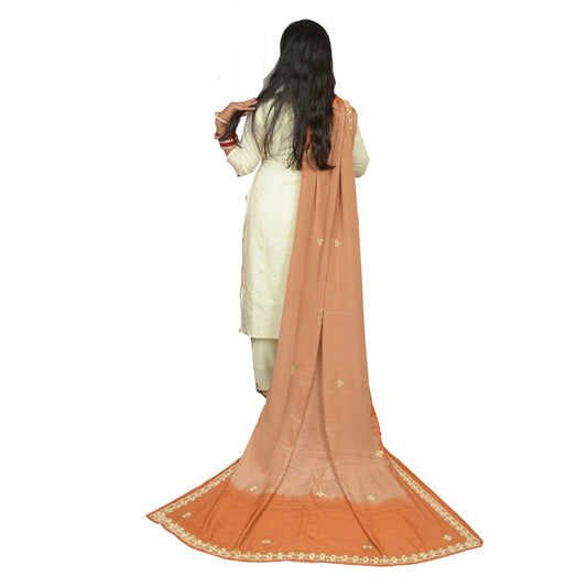 Sanskriti Vintage Orange/Peach Dupatta Pure Crepe Silk Hand Beaded Wrap Stole