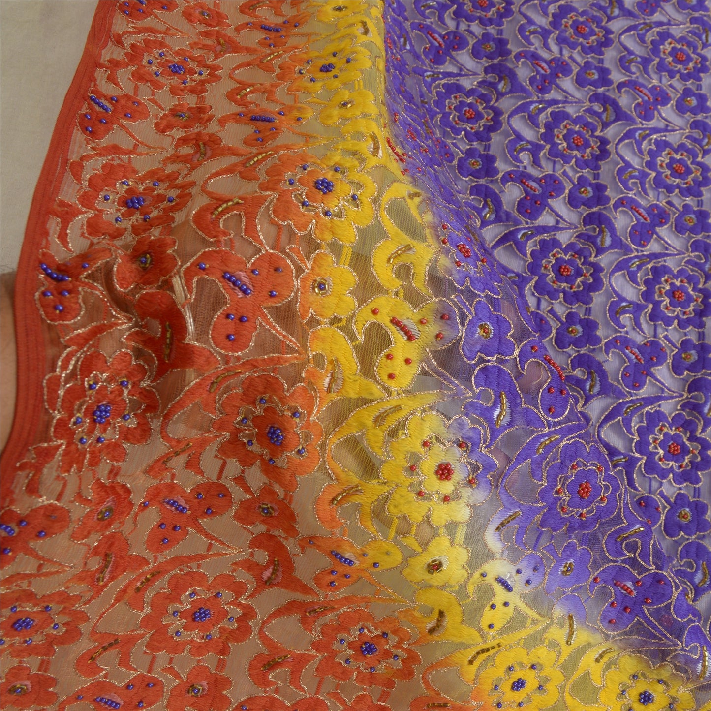 Sanskriti Vintage Multicolor Long Dupatta Stole Net Mesh Hand Beaded Woven