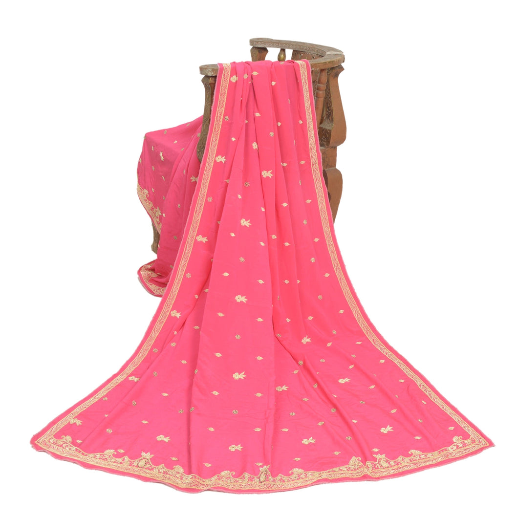 Sanskriti Vintage Hot Pink Dupatta 100% Pure Crepe Silk Hand Beaded Wrap Stole