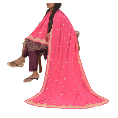 Sanskriti Vintage Hot Pink Dupatta 100% Pure Crepe Silk Hand Beaded Wrap Stole