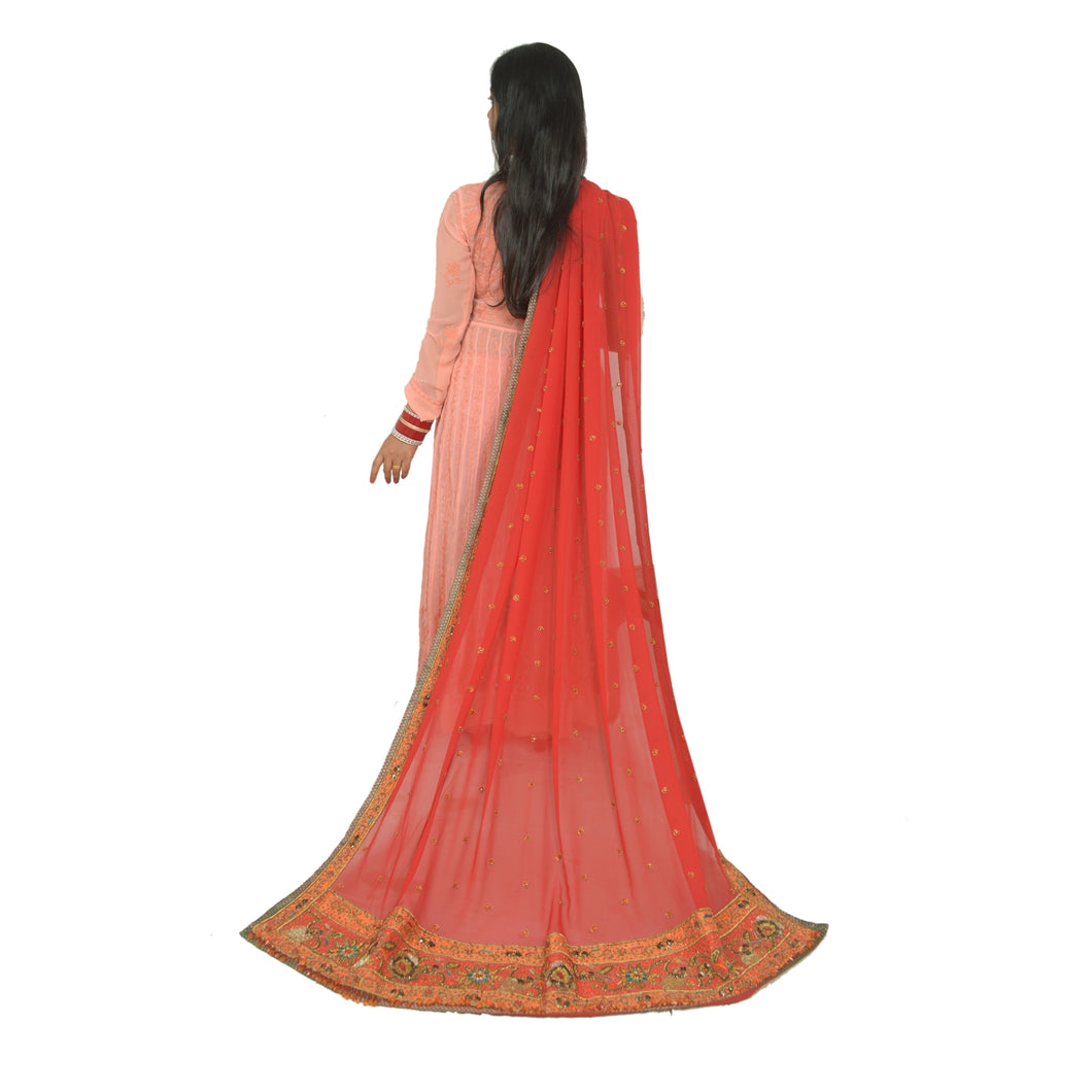 Sanskriti Vintage Red Dupatta Pure Georgette Silk Hand Beaded Wedding Stole