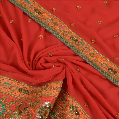 Sanskriti Vintage Red Dupatta Pure Georgette Silk Hand Beaded Wedding Stole
